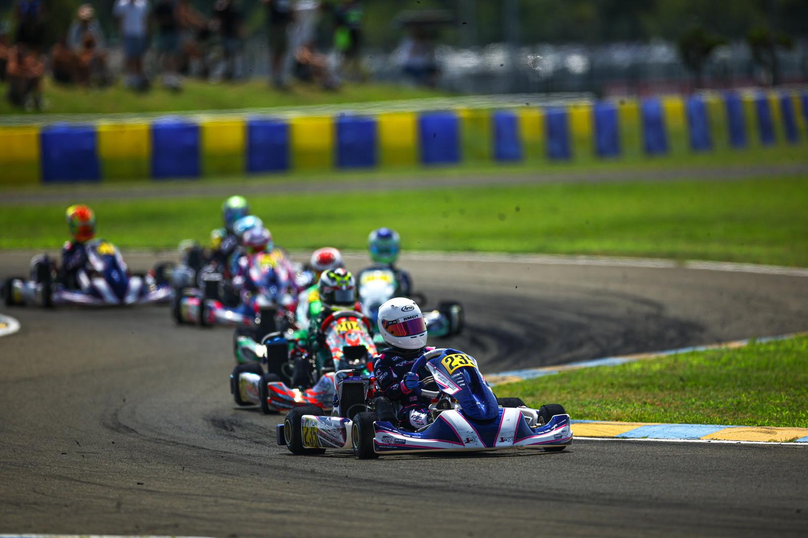 Eva leading a pack of karts through a corner at the RMC International Trophy, 2025